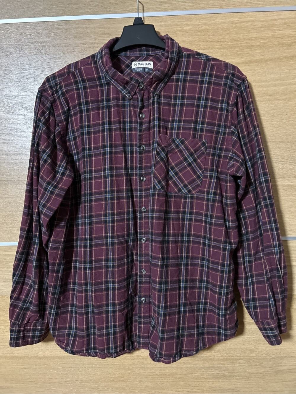 Magellan Outdoors Mens Sz 2XL Classic Fit Flannel Shirt Maroon & Blue Plaid